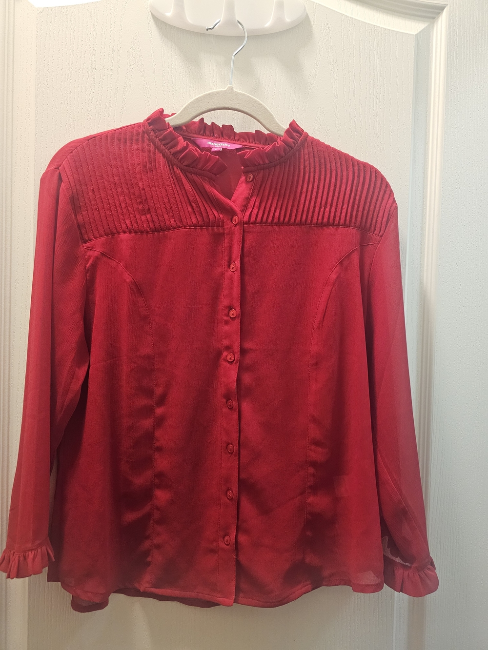 Red Ruffled Pintuck Button-Up Blouse